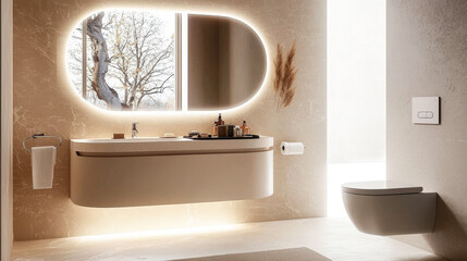 Poster - A contemporary bathroom showcases a stylish sink and elegant lighting, complemented by a serene atmosphere and natural elements