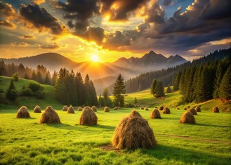 Wall Mural - Idyllic Valley Meadow Landscape: Haystacks at Sunset, Rural Scene