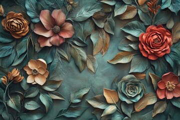 Wall Mural - Rose and Peony Bouquet with Autumn Leaves Texture Background