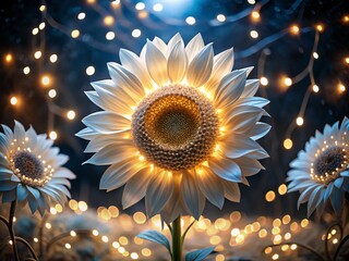 Wall Mural - Illuminated 3D White Sunflower Night Photography - Abstract Floral Art