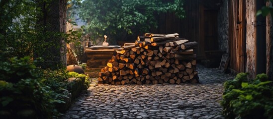 Poster - Woodpile in rustic garden surrounded by lush greenery and cobblestone pathway with dim evening light Copy Space