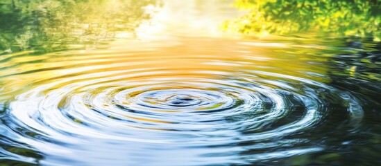 Sticker - Ripples on Calm Water Surface with Reflections of Greenery and Soft Light in Background Copy Space