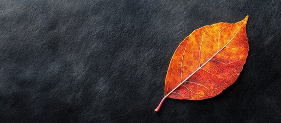 Wall Mural - Close-up of an orange autumn leaf on a dark textured surface with ample Copy Space for text or design elements.