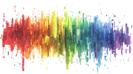 Leinwandbilder - The image depicts a digital abstract artwork resembling a cityscape rendered in a vibrant rainbow pixelated style.