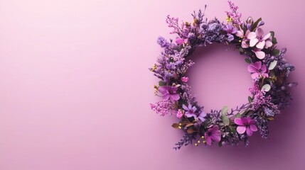 Wall Mural - Floral wreath arrangement with purple flowers on a pink background with ample copy space for text or design elements