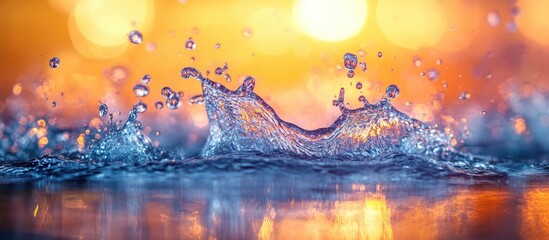 Wall Mural - Close-up of water splashes with colorful bokeh background and warm light effects on water surface Copy Space