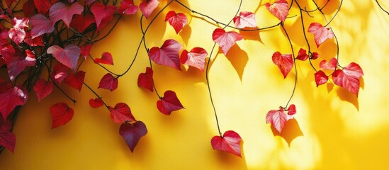 Wall Mural - Vibrant red ivy leaves against a bright yellow wall with vivid shadows and natural light Copy Space