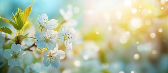 Sticker - White cherry blossoms with soft focus background, sunlight and bokeh effect, natural spring scenery, copy space.