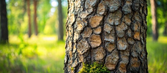 Tree bark texture close-up in forest with soft green background and natural light, ideal for nature and ecology themes, Copy Space
