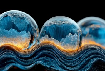 Wall Mural - a stunning macro photography of ice-encased bubbles on textured waves with illuminated details captu