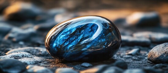 Sticker - Shiny black gemstone with blue reflections on gravel surface in soft natural light showcasing texture and color detail