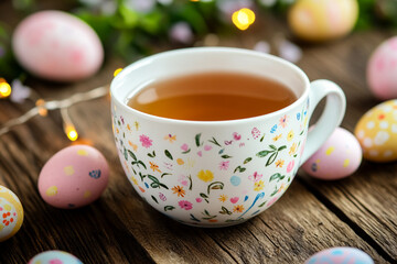 Celebrating Easter, a cup of aromatic tea and Easter eggs