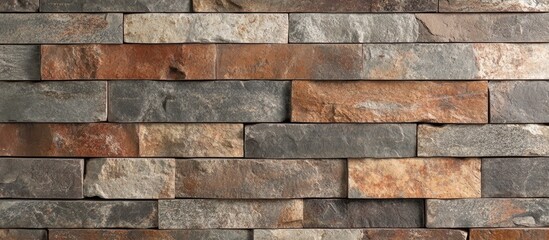 Wall Mural - Textured stone wall background with various shades of brown and gray bricks stacked in a staggered pattern suitable for architectural designs Copy Space