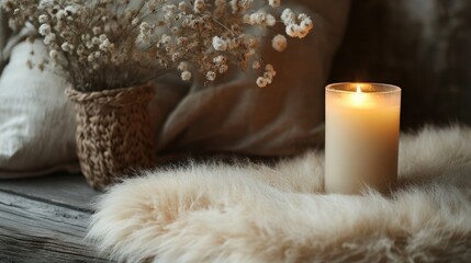 Sticker - Cozy scene featuring a lit candle beside a soft fur blanket and a vase of dried flowers on a rustic wooden surface with Copy Space