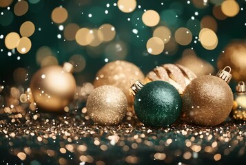 Canvas Print - glittering christmas ornaments on shimmering background with lights and snowflakes, perfect for holi