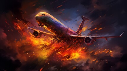 Wall Mural - A large passenger jet engulfed in mid-air, no logos, fiery orange and red hues in the sky,generative ai illustration