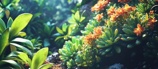 Wall Mural - Vibrant succulents and lush greenery with orange flowers in a natural setting featuring soft light and depth of field Copy Space