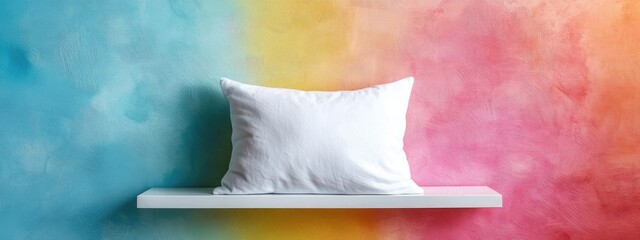 Wall Mural - White pillow placed on a minimalist shelf against a colorful gradient wall background with blue and pink hues Copy Space