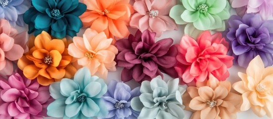 Canvas Print - Colorful fabric flowers arrangement on a light background with Copy Space for text or design elements