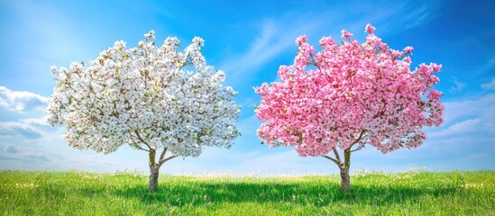 Wall Mural - Blossoming cherry trees in contrasting colors of pink and white on a green grassy field under a blue sky with clouds Copy Space