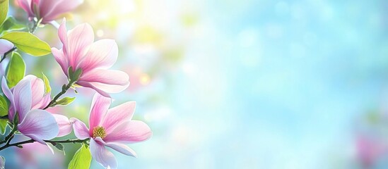 Wall Mural - Delicate pink magnolia flowers blooming against a soft blue background with natural bokeh and ample copy space for text.