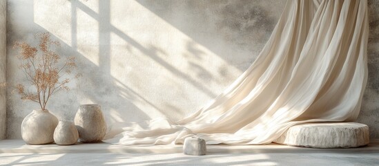 Canvas Print - Minimalist interior with draped fabric, pottery, and sunlight shadows on textured wall, featuring Copy Space for text placement