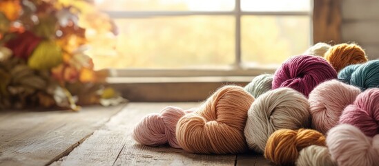 Wall Mural - Colorful yarn skeins arranged on a wooden surface with warm sunlight and autumn leaves in the background Copy Space