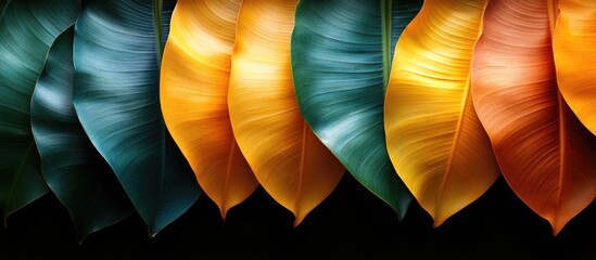 Canvas Print - Colorful tropical leaves arranged in a line with a dark background and ample copy space for placing text