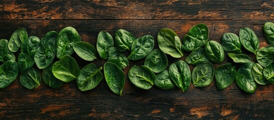 Wall Mural - Fresh green spinach leaves arranged neatly on a wooden table with Copy Space for text insertion