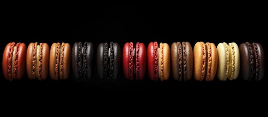 Sticker - Assorted macarons on a black background arranged in a line with copy space for text.