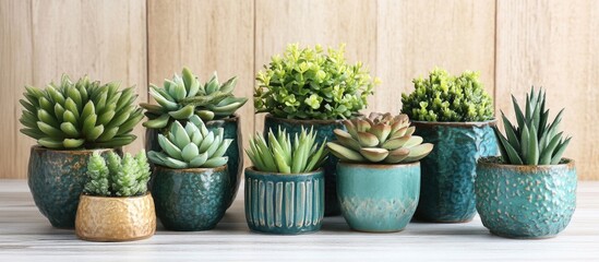 Canvas Print - Assorted decorative succulent plants in vibrant pots on wooden background with Copy Space