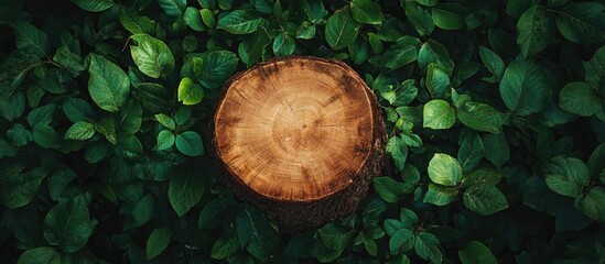 Canvas Print - Wooden tree stump surrounded by lush green leaves with natural light Copy Space