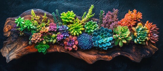 Canvas Print - Colorful Succulent Garden Arrangement on Wooden Log with Copy Space for Text