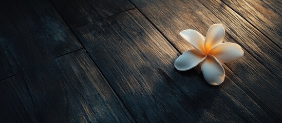 Wall Mural - White flower on dark wooden surface with soft lighting and texture Copy Space