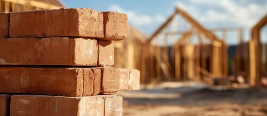 Construction site with stacked bricks in the foreground and wooden framework of a building under construction in the background Copy Space