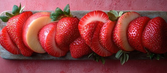 Wall Mural - Sliced strawberries arranged on a wooden platter with a textured pink background and copy space for text