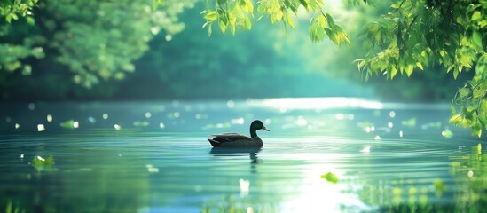 Wall Mural - Duck swimming in tranquil water surrounded by lush greenery with soft natural light and Copy Space for text.