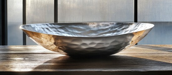 Wall Mural - Hammered metal bowl on wooden surface illuminated by natural light with a blurred background and ample Copy Space.