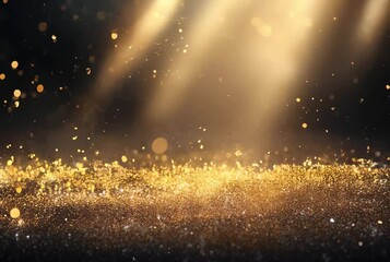 Wall Mural - shimmering gold dust particles glowing with light in dark background - perfect for backgrounds, text