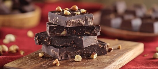 Sticker - Chocolate fudge with hazelnuts stacked on a wooden cutting board surrounded by scattered nuts and blurred chocolate treats in the background Copy Space