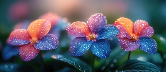 Poster - Vibrant purple and orange flowers with water droplets on petals with green leaves in soft focus background Copy Space