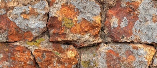 Canvas Print - Textured close-up of weathered stone wall featuring orange, gray, and yellow hues with moss growth and natural imperfections Copy Space