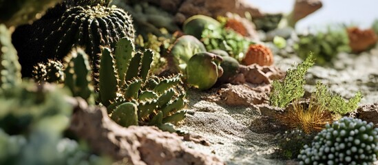 Wall Mural - Cactus plants and desert vegetation on rocky surface with natural sunlight and Copy Space for text placement