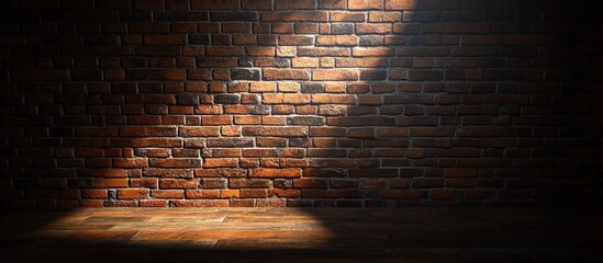 Canvas Print - Interior with old rustic brick wall illuminated by a beam of light creating shadows and highlighting texture with wooden floor and copy space