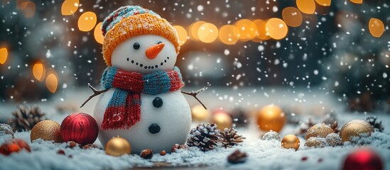 Canvas Print - Snowman decoration in snowy landscape with Christmas ornaments and festive bokeh background Copy Space