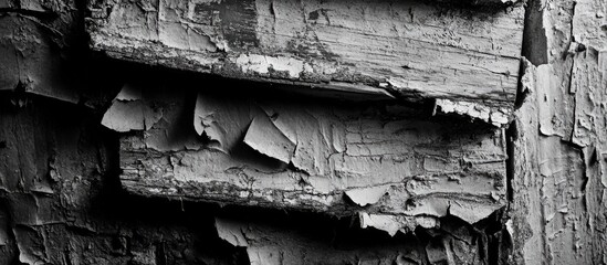 Sticker - Detailed close-up of weathered wood texture with cracked and peeling layers in black and white tone Copy Space