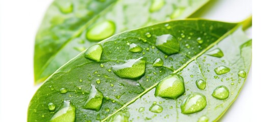 Canvas Print - Fresh green leaves with water droplets showing texture and detail on a white background with copy space.