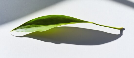 Wall Mural - Green leaf on white surface casting shadow with copy space for text