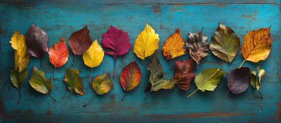 Sticker - Colorful autumn leaves arranged on a rustic blue wooden surface with copy space for text.