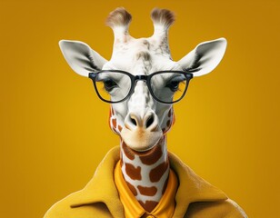 portrait of giraffe dressed in casual costume and transparent glasses isolated on yellow background with copy space generative ai